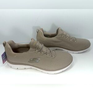 NWT- Skechers Beige/Taupe Slip-On Sneakers With Memory Foam & Metallic Thread